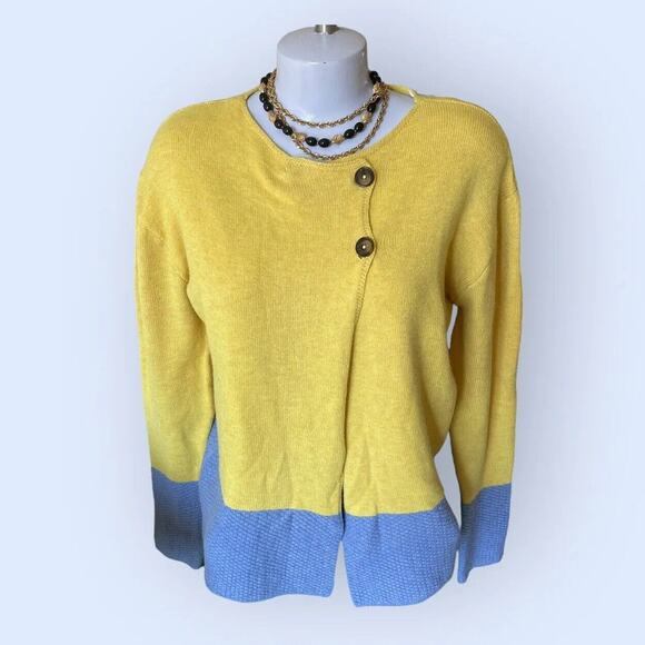 Made With Love Yellow & Blue Wrap Cardigan Cotton Blend WOMENS Sweater S M NWT - Picture 1 of 11